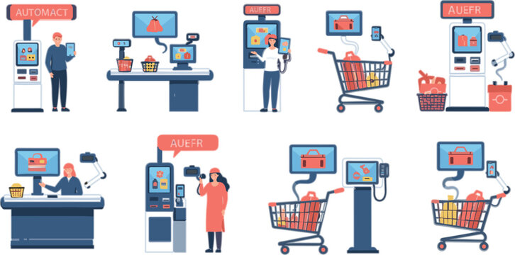 Self Checkout and Automated Payment Vector Set with Customers Kiosk Machines Shopping Carts and Retail Technology Elements for Supermarket Design