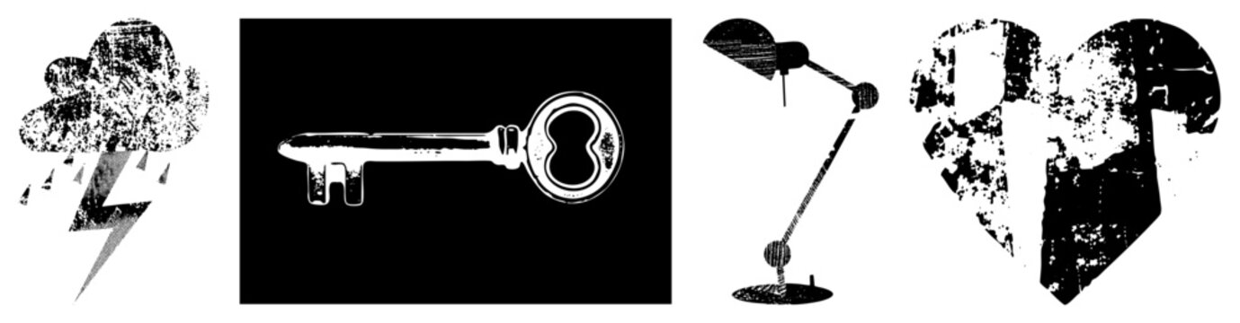 Distressed collection featuring cloud, skeleton key, desk lamp, and broken heart gritty graphic elements for UI or print design. Alternate weather glyph, vintage lock symbol.