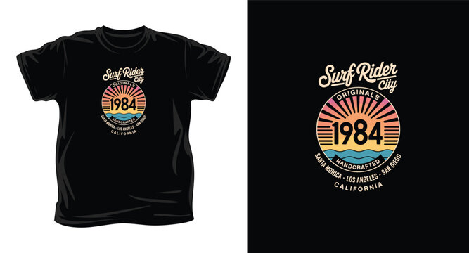 Black t-shirt with surf rider 1984 graphic design