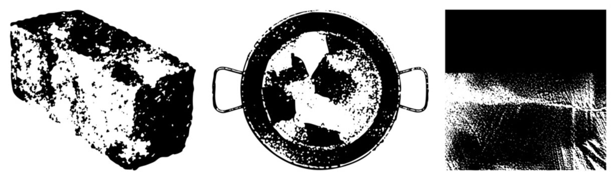 Grunge style graphic depicting stone fragment, broken dish with debris, and stippled surface ideal for industrial design or vintage layouts. distressed texture, weathered element.