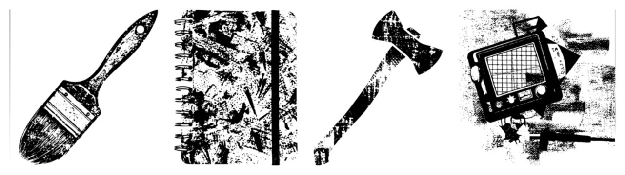 Distressed halftone featuring paintbrush, spiral notebook, hatchet, and oscilloscope vintage graphic elements, retro tech tools, gritty design assets for print or digital use.