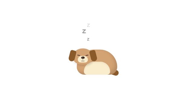 A charming and minimalist 2D flat design animation of a chubby brown dog sleeping peacefully. The animation features a seamless loop with animated 'Zzz' text appearing above the dog. 