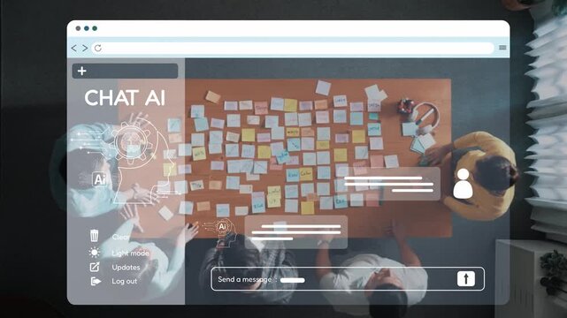 A diverse team engages in a brainstorming session, utilizing sticky notes, digital tools, and meaningful dialogue to generate innovative ideas in a collaborative environment. Raster