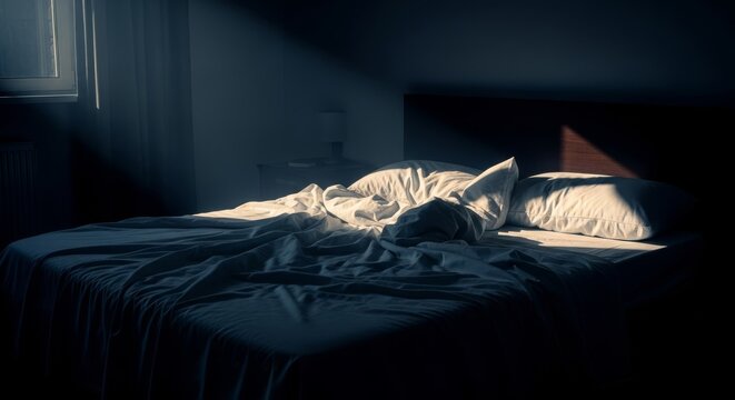 Soft moonlight spills onto an unmade bed in a dark, quiet room where heavy shadows and cold atmosphere evoke a sense of deep inner solitude, loneliness, depression, gloomy
