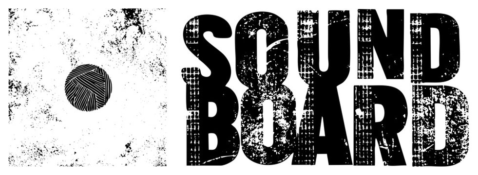 Rugged interface emblem, vintage sound system branding, retro music equipment, gritty amplifier label, worn speaker badge.