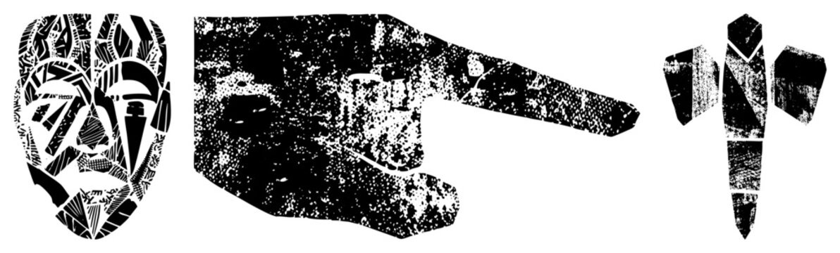Stylized composition featuring a mosaic mask, stippled pointing hand, and angular symbol also known as deconstructed or fragmented glyph art.