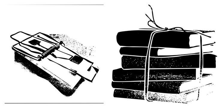 Classic snap trap and corded woodpile illustration, rodent control device, timber stack graphic, pest management, rustic household tool.