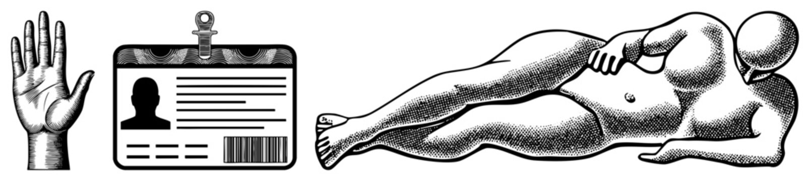Graphic design elements including palm print, identification card, and anatomical pose stylized body art, halftone dot, vintage engraving aesthetic.