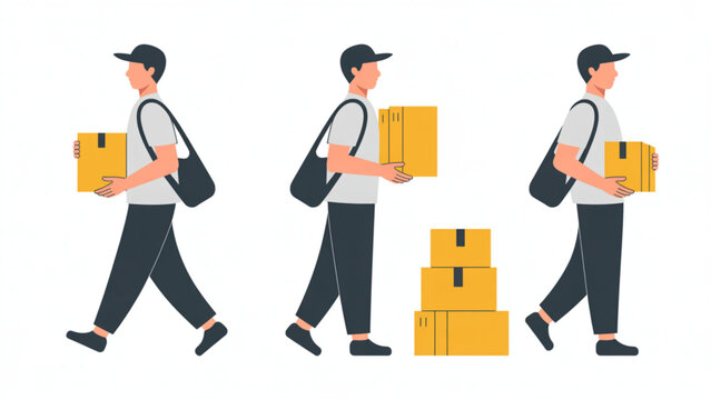 Minimal Flat Postal Worker Collection  Carrying Package and Mailbag Daily Delivery Scenes
