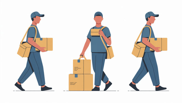 Minimal Flat Postal Worker Collection Carrying Package and Mailbag Daily Delivery Scenes