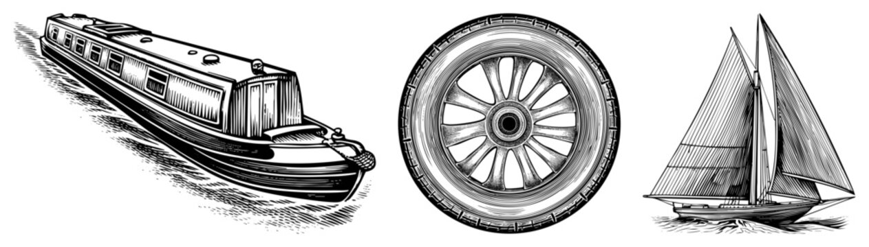 Detailed engraved nautical and mechanical drawings narrowboat, wagon wheel, schooner vessel classic art renderings with and stippling for depth and texture.