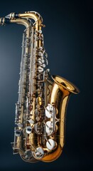 Obraz premium Abstract golden saxophone curves and silver keys caught in swift motion with long exposure blur against a dark and moody stage background, abstract, composition, melody