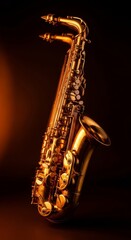 Obraz premium Abstract artistic shot of a brass saxophone with kinetic motion blur, glowing orange highlights, and rich warm cinematic lighting effects, blur, creative, performance