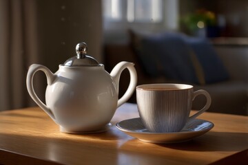 Fototapeta premium Tea set on wooden table indoors.