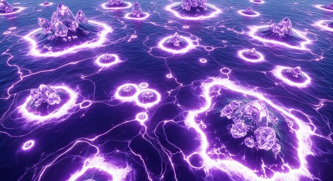 An aerial view of a vibrant extraterrestrial ocean featuring glowing purple currents, floating crystalline islands, and luminescent foam, sea, reflection, crystal