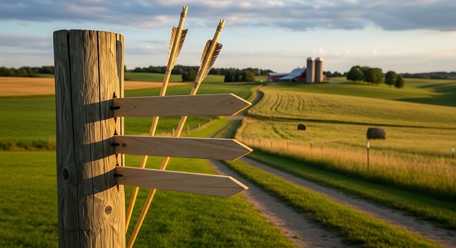 Blank wooden arrows on a rustic post pointing towards a winding dirt road and distant farm in a serene rural landscape, symbolizing future paths and decisions