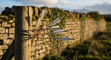 Fototapeta premium Rustic scene featuring several wooden arrows deeply embedded in a sturdy weathered fence post, set against a blurred ancient stone wall in a rural countryside landscape