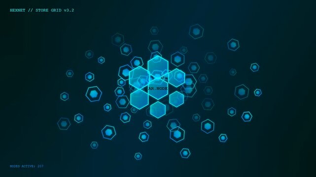 An intricate augmented retail interface featuring a kinetic swarm of luminescent hexagonal nodes pulsating and expanding within a deep void of synthetic data architecture