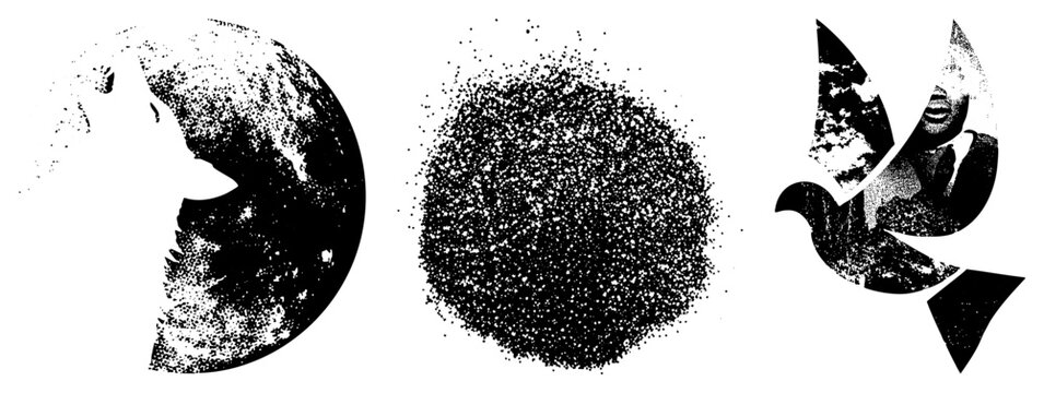 Stylized graphics using dot matrix halftone globe, textured bird symbol, abstract cosmic orb ideal for eco branding or retro digital art.
