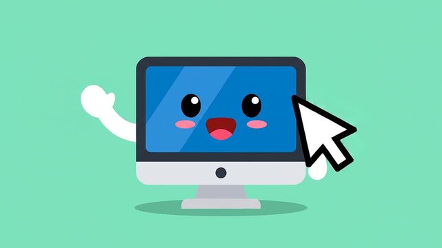 Cute Computer Character Waving Hello with Cursor Pointer.