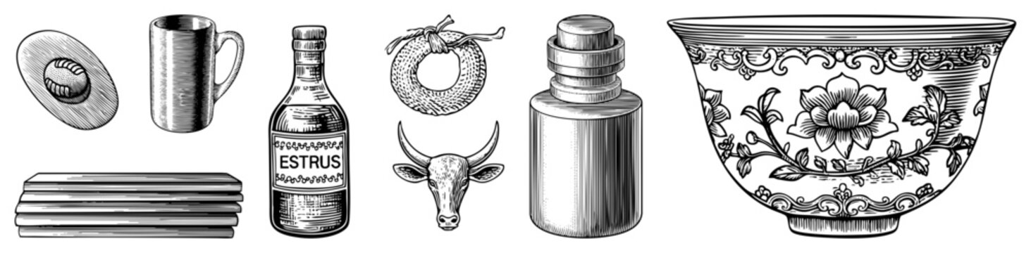 Retro engraved including bottle labeled "ESTRUS", bull head, bowl, and ritual items antique etched drawings, vintage woodcut style graphics.