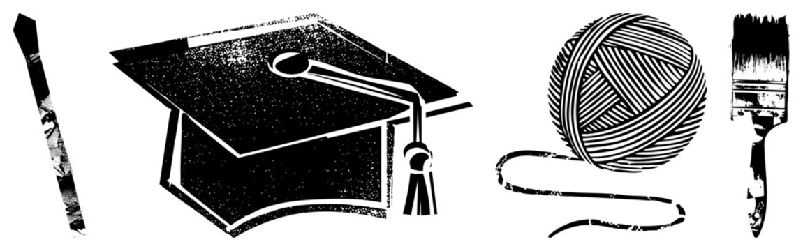 Academic mortarboard with tassel, wool skein, artist brush, writing pen education and creativity symbols, scholastic regalia, scholarly insignia.