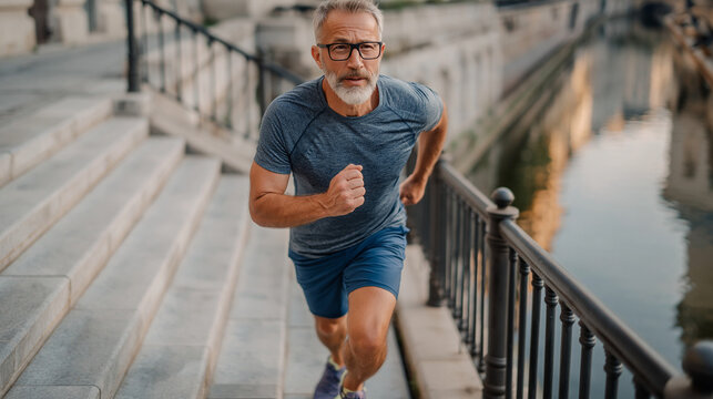 Stairway Stride: A focused older gentleman sprints up a grand outdoor staircase, embodying health, vigor, and an active lifestyle, framed by architectural elegance.