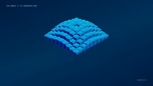 A sophisticated Augmented Retail Interface visualizing a complex isometric grid of glowing sapphire cubes representing structured data warehouses within a futuristic logistics management system