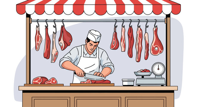 Man cuts meat at a butcher shop counter with hanging carcasses