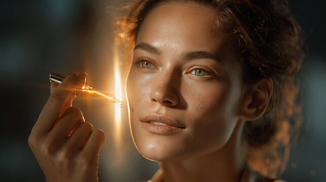 Radiant Beauty: A woman in a softly lit, capturing the delicate application of makeup on her face, accentuating her natural glow. 