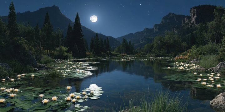 Serene Night Landscape with Full Moon Reflected on Tranquil Lake and Water Lilies