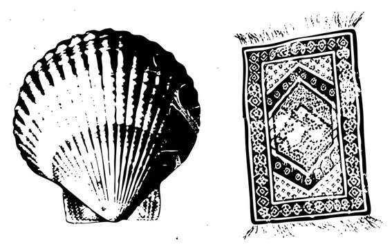 Black and white halftone illustration of Pecten and floor rug,, decorative mat, coastal decor element, nautical design asset.