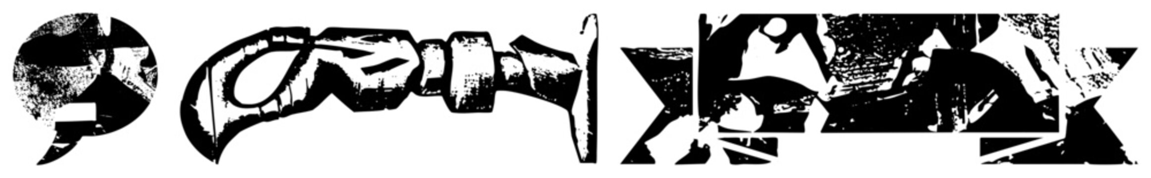 Rugged stencil graphics featuring torn edges, weathered, and fragmented silhouettes ideal for street art, punk design, or urban branding aesthetics.
