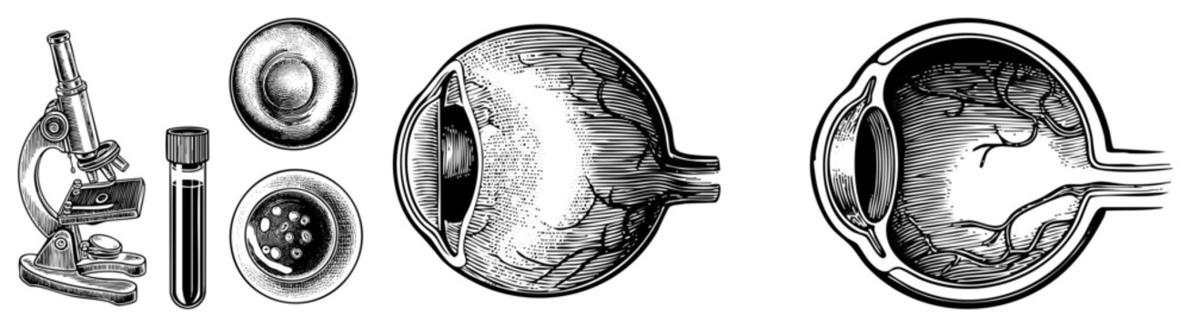 Detailed anatomical diagram of the eyeball showing ocular layers and optic nerve, paired with microscope and test tube lab tools also known as ophthalmic section or histological eye study.