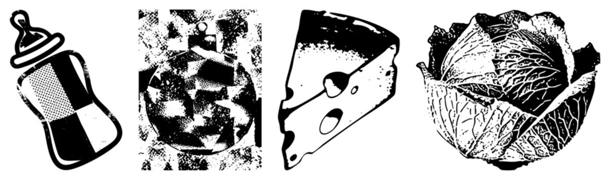 Collection of four stylized including infant feeding bottle, mirrorball, cheese slice, and head of cabbage rendered as graphic symbols for design use.