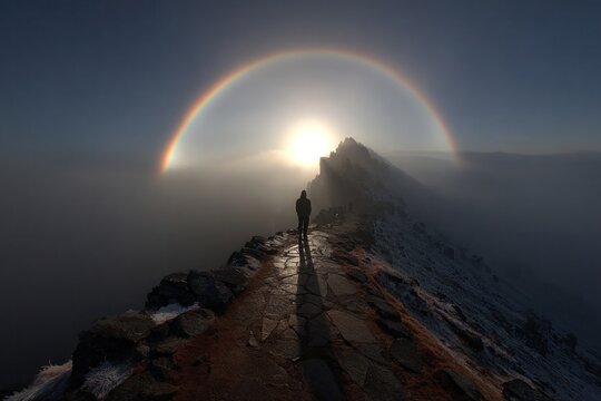 Solitary Hiker on Mountain Peak with Vibrant Fogbow