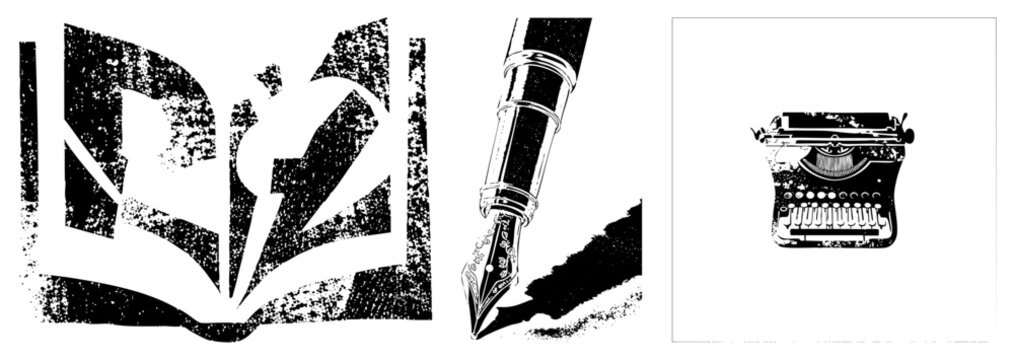 Retro writing tools set including notebook, ink pen, and mechanical typewriter ideal for, literary, or journaling themes. Alternate scribbler kit, quill & keys.