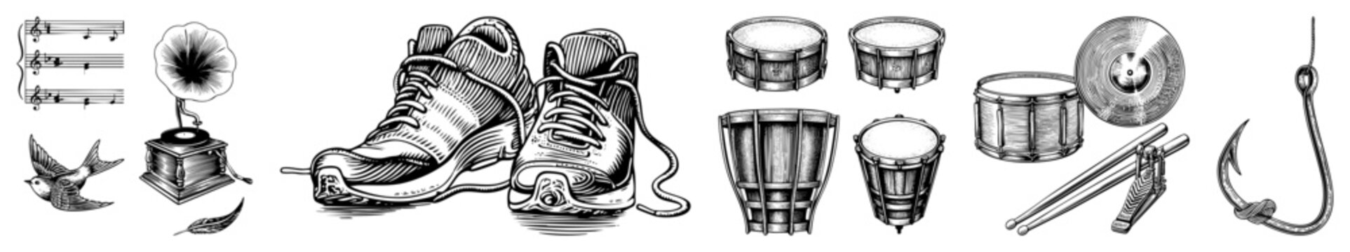 Hand drawn athletic footwear paired with percussion instruments and phonograph, retro illustration style, engraved art, sketch, vintage aesthetic.