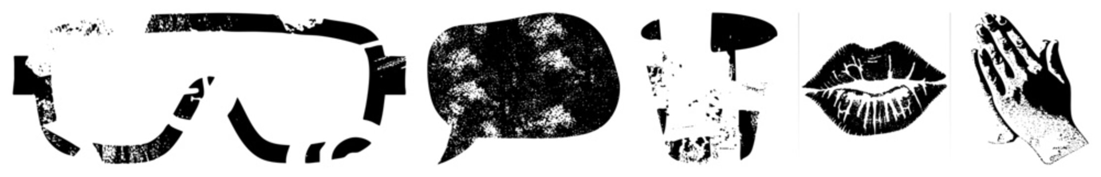 Distressed graphic symbols including eyewear, dialogue balloon, face mask, kissable lips, prayer hands stylized stencil art, grunge, halftone vector cutouts.