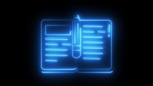 Neon open book icon with glowing light effect, education and knowledge symbol for digital learning, library and modern technology.Abstract pink glowing animation forming a book and pencil seamless.