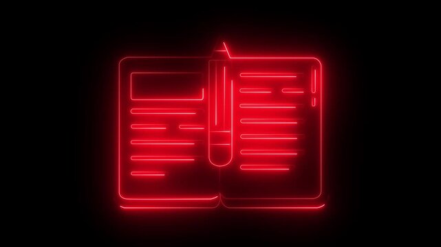 Neon open book icon with glowing light effect, education and knowledge symbol for digital learning, library and modern technology.Abstract pink glowing animation forming a book and pencil seamless.