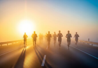 Fototapeta premium A dreamlike marathon scene where athletic silhouettes dissolve into brilliant beams of golden light along a misty, ethereal road at sunset, golden, fog, movement