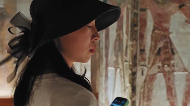 A beautiful tourist wanders inside the tomb of King Seti I, wearing a black hat looking on the inscriptions and drawings carved on the walls of the tomb.