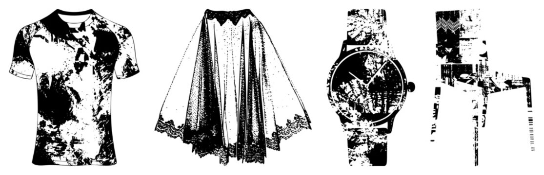 Distressed fashion graphics including t shirt, skirt, wristwatch, and chair urban streetwear visuals, edgy print designs, apparel illustrations.