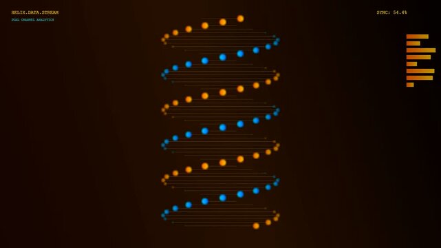 A sophisticated augmented retail interface showcasing a glowing holographic DNA double helix rotating smoothly while synchronizing complex data streams for advanced biometric consumer analytics