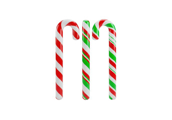 Obraz premium three glossy 3d candy canes (red/white and green/red/white) standing upright on a reflective surface against a transparent background, captured with studio lighting. commercial christmas holiday