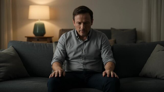 A man sits on a couch in a living room looking concerned in this video