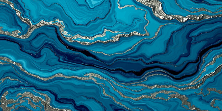 A seamless blue silk fabric texture features wavy liquid ripples and elegant curves that mimic the light of ocean waves in a creative wallpaper design