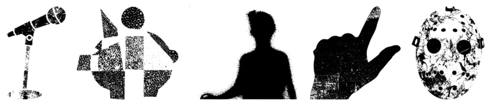 Dot matrix mic, fragmented figure, meditative pose, rock hand, slasher mask great for pop/retro design. Alt names stippled, pixelated silhouettes.