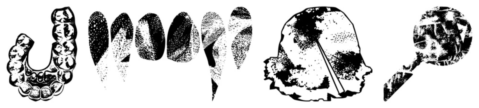 Dental denture, fingerprint, magnifying glass halftone forensic & orthodontic graphics. Isolated for medical/crime scene use.